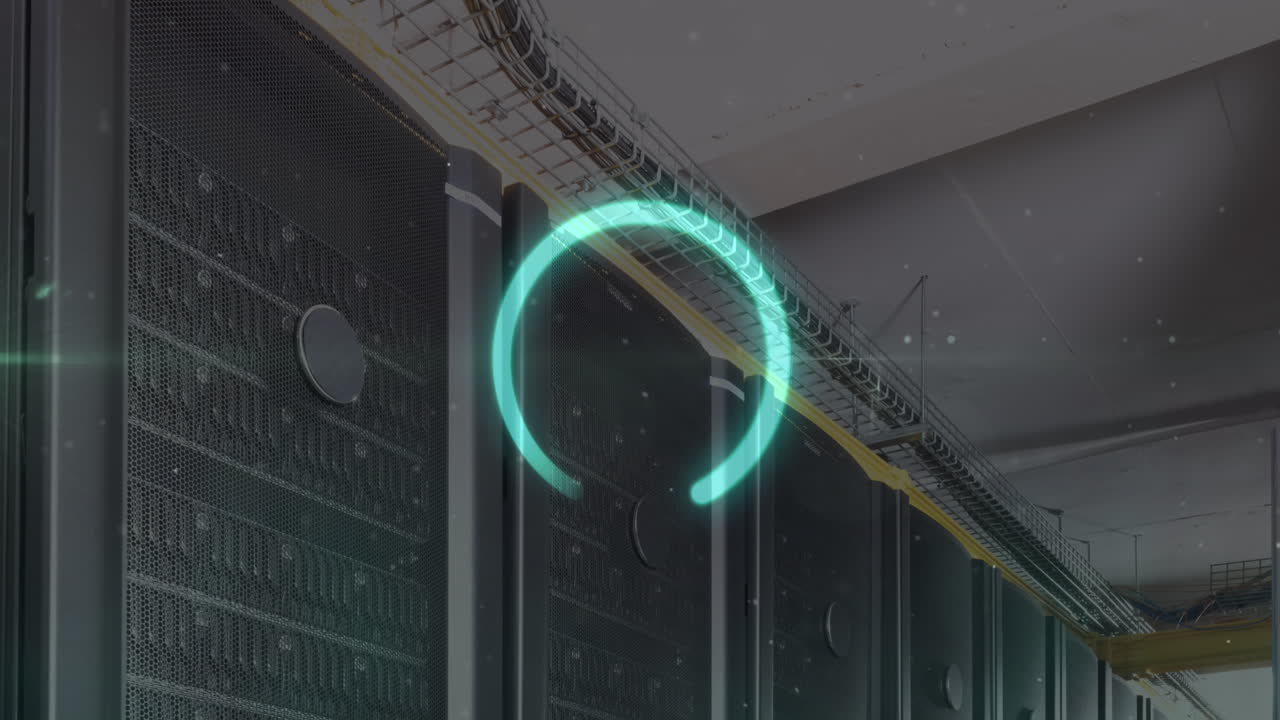 Animation of illuminated loading circle over white dots against server room