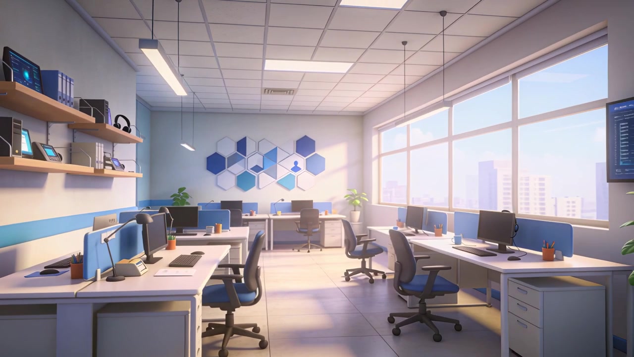 Panning camera revealing central open-plan office at window, showcasing desks, monitors, sunlight