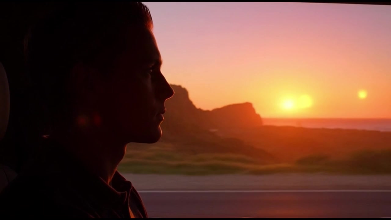 Young Man Looking Out Car Window at Sunset Along the Coast