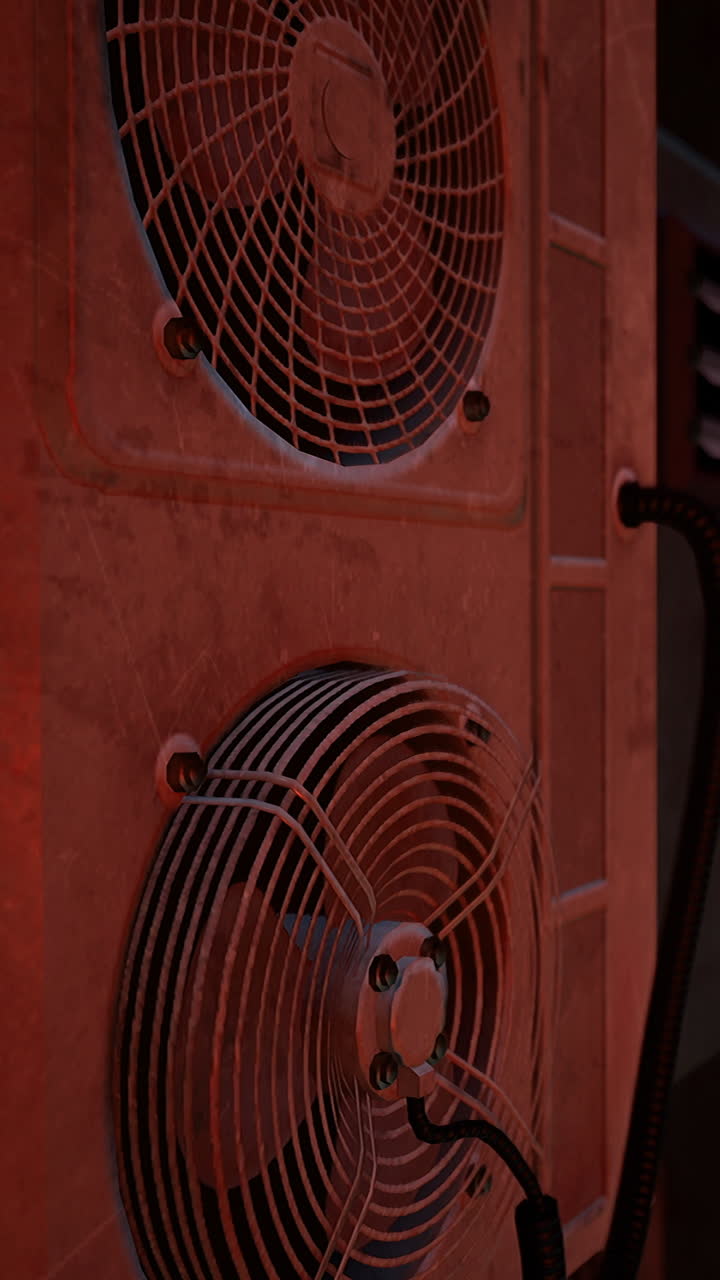 Cooling system fans in an industrial setting during nighttime