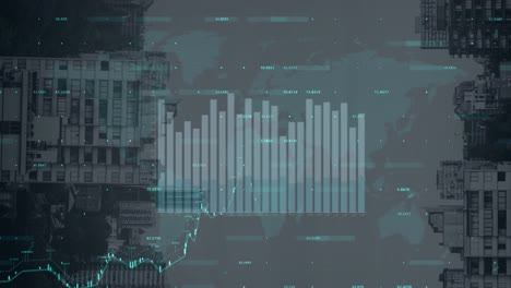 Animación-Del-Procesamiento-De-Datos-Estadísticos-Sobre-El-Mapa-Mundial-Contra-Edificios-Altos-Invertidos