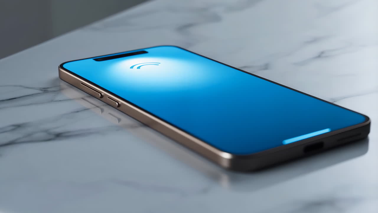 Modern Smartphone on a Marble Table with Wireless Signal Display