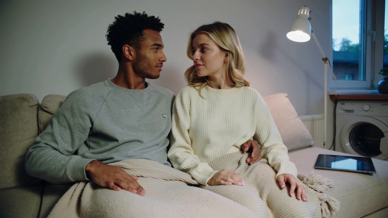 Placing hand on lap, man seeking closeness while couple leaning on couch under blanket, loungewear