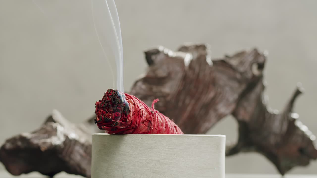 Person holding Palo Santo wood stick in hand, aromatic Palo Santo burning on black background, smoke spreading around, slow motion video clip, high quality 4k close up footage. High quality 4k footage