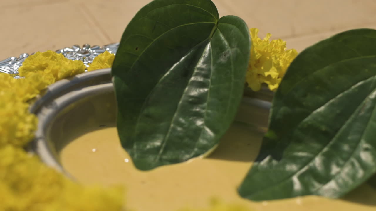 Closeup view of haldi paste in silver tray decorated with yellow flowers. Slow motion.