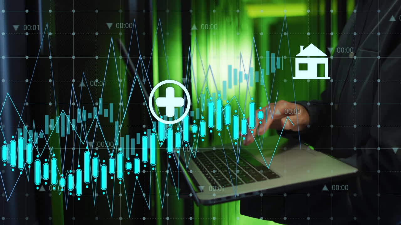 animación de procesamiento de datos digitales sobre hombre de ti afroamericano con computadora portátil por servidores de computadora