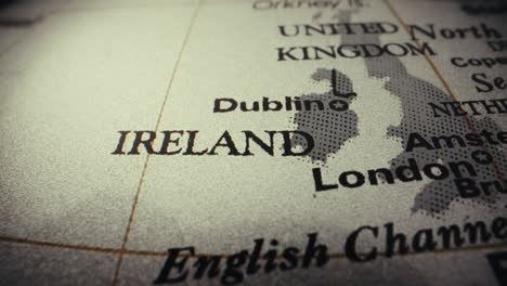 close-up of a world map focusing on ireland and surrounding areas.