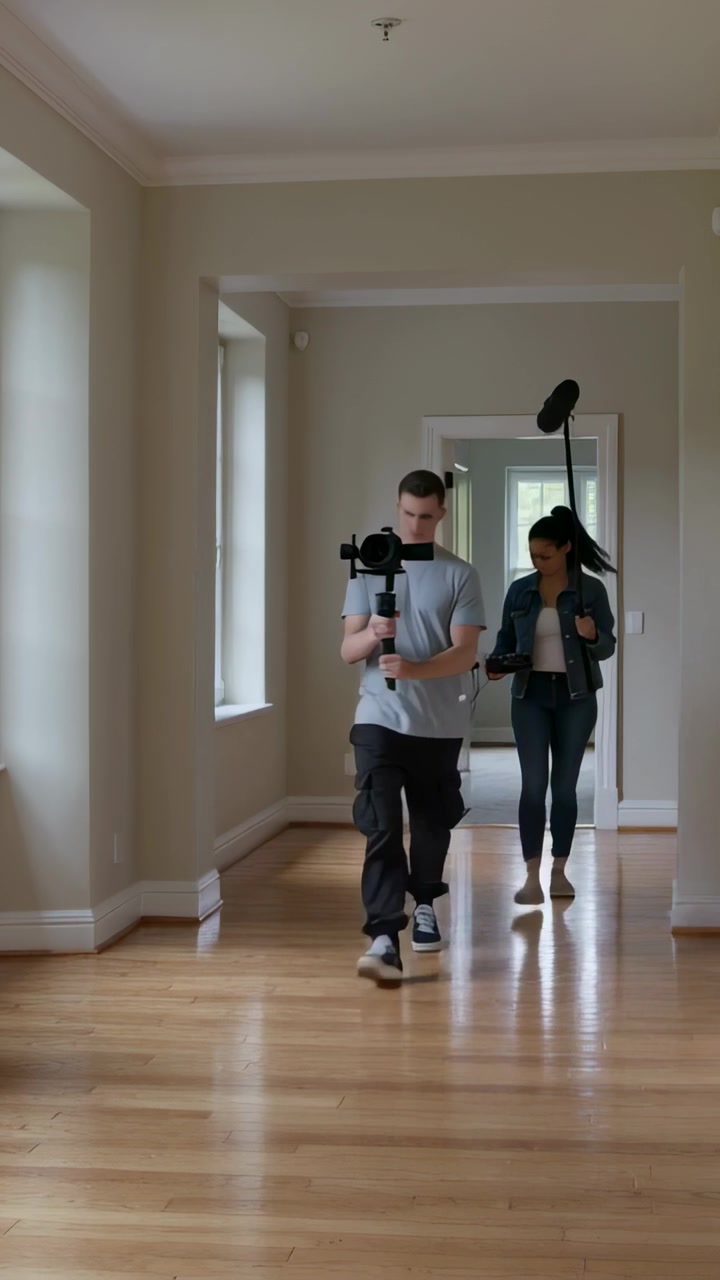 Vertikal video: Kamera- og bommandskab går ind gennem døråbning, går gennem tomt rum, filmer med gimbal