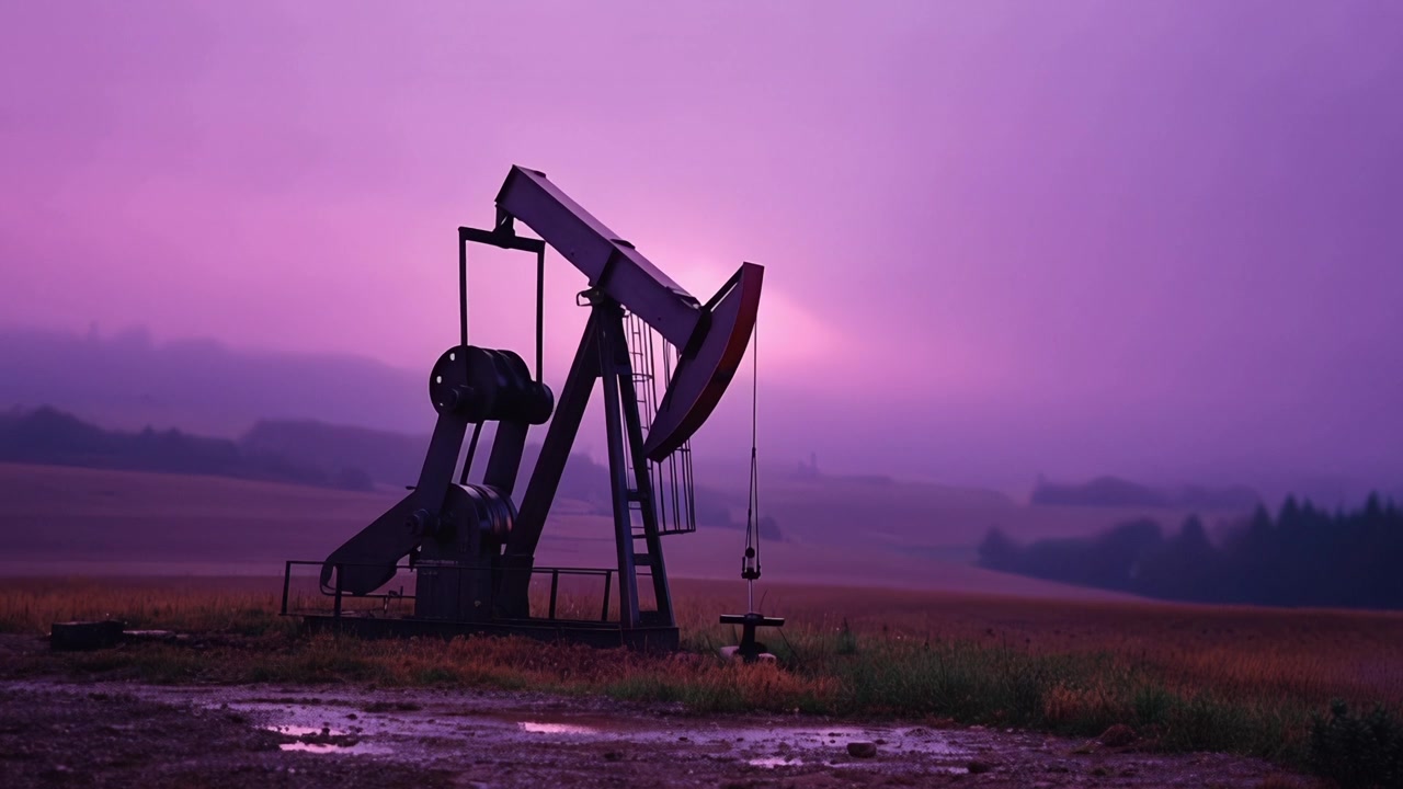 A striking view of an oil pump jack silhouetted against a vibrant purple sky during dusk, highlighting the intersection of nature and industrial energy extraction.