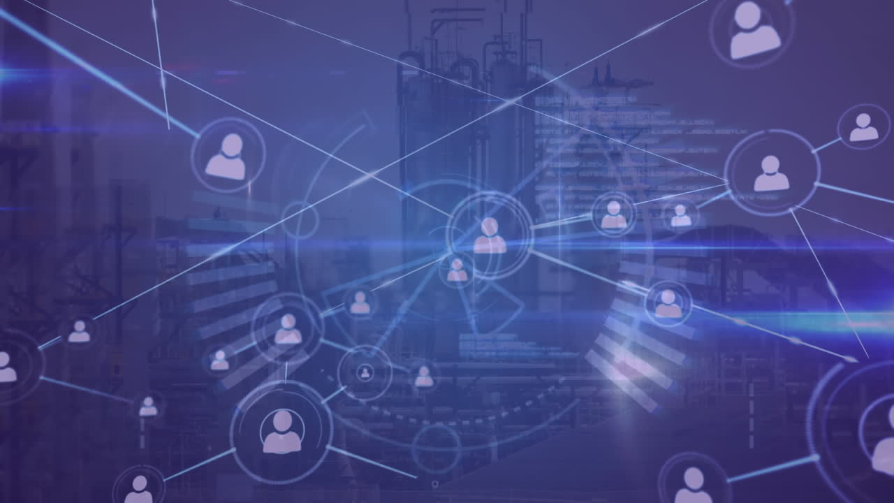 Animation of data processing and media icons over cityscape