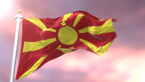 flag of the republic of macedonia waving at wind in slow at sunset, loop