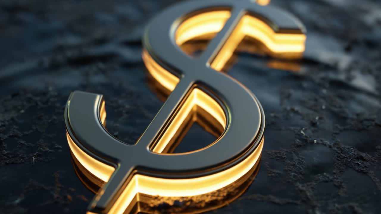 Una straordinaria vetrina visiva di un simbolo del dollaro ($) evidenziato da una luce incandescente circondato da elementi liquidi, che illustra temi di ricchezza e concetti finanziari in ambienti dinamici