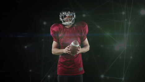 american football player holding ball, network connections animation over dark background