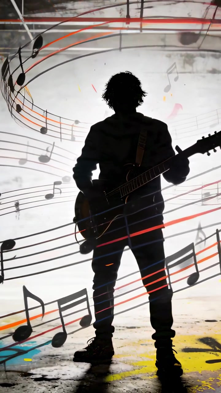 Video verticale: Musicista in ombra che reagisce a note retroilluminate, muovendo la mano e strimpellando la chitarra in studio