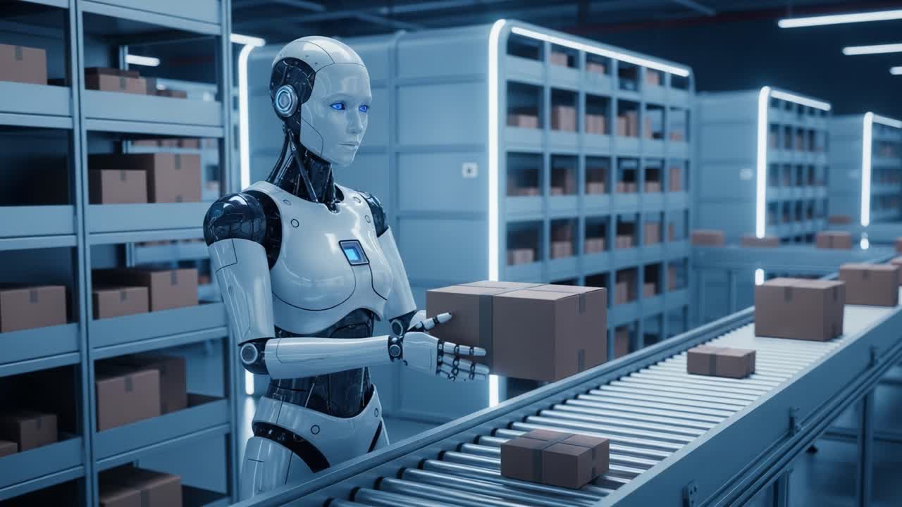 A High-Tech Robotic System in Action: Efficiently Managing Package Handling in a Modern Warehouse Environment with Advanced Automation and Precision Processing