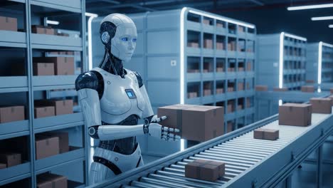 a high-tech robotic system in action: efficiently managing package handling in a modern warehouse environment with advanced automation and precision processing
