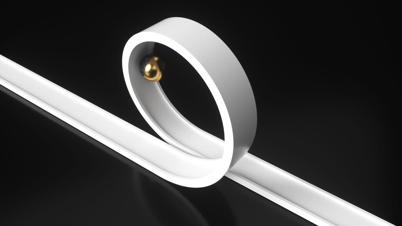 3d silver and golden balls cylinders rolling on twisted road. Computer generated seamless motion design