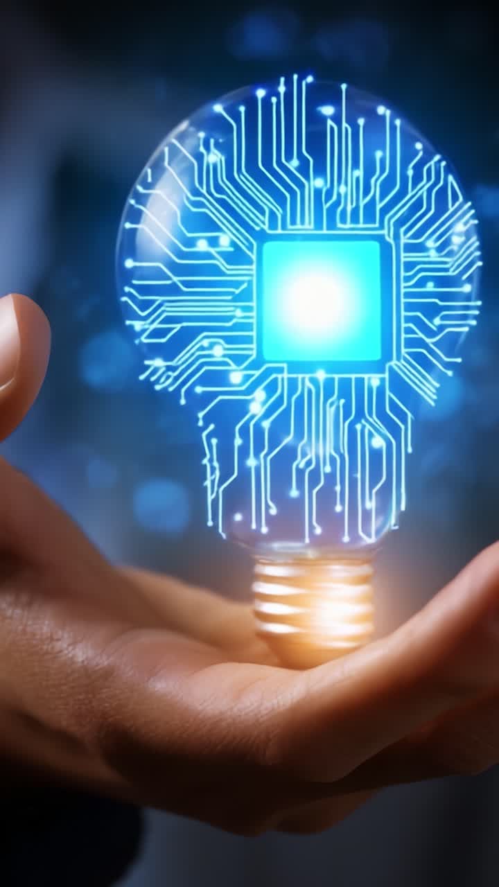 Una bombilla brillante creativamente diseñada con circuitos y elementos luminosos, sujeta en una mano, que simboliza la innovación y la fusión de tecnología e ideas.