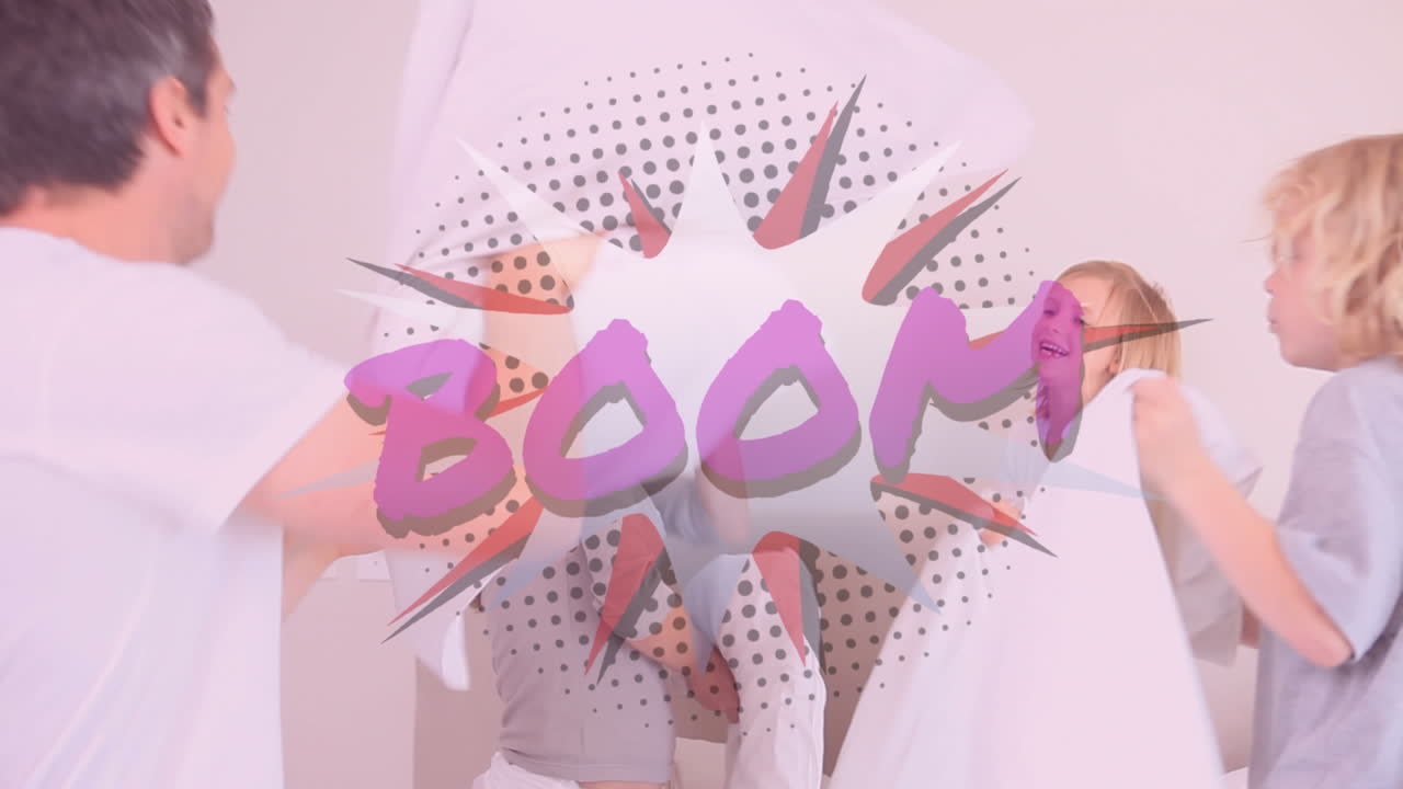 두 자녀와 함께 백인 부모와 베개 싸움을 하는 레트로  ⁇  텍스트의 애니메이션