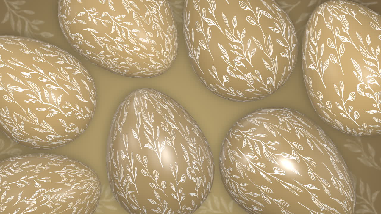 Easter golden eggs with painted patterns. Animated holiday spring background. Christian religious holiday of Easter.