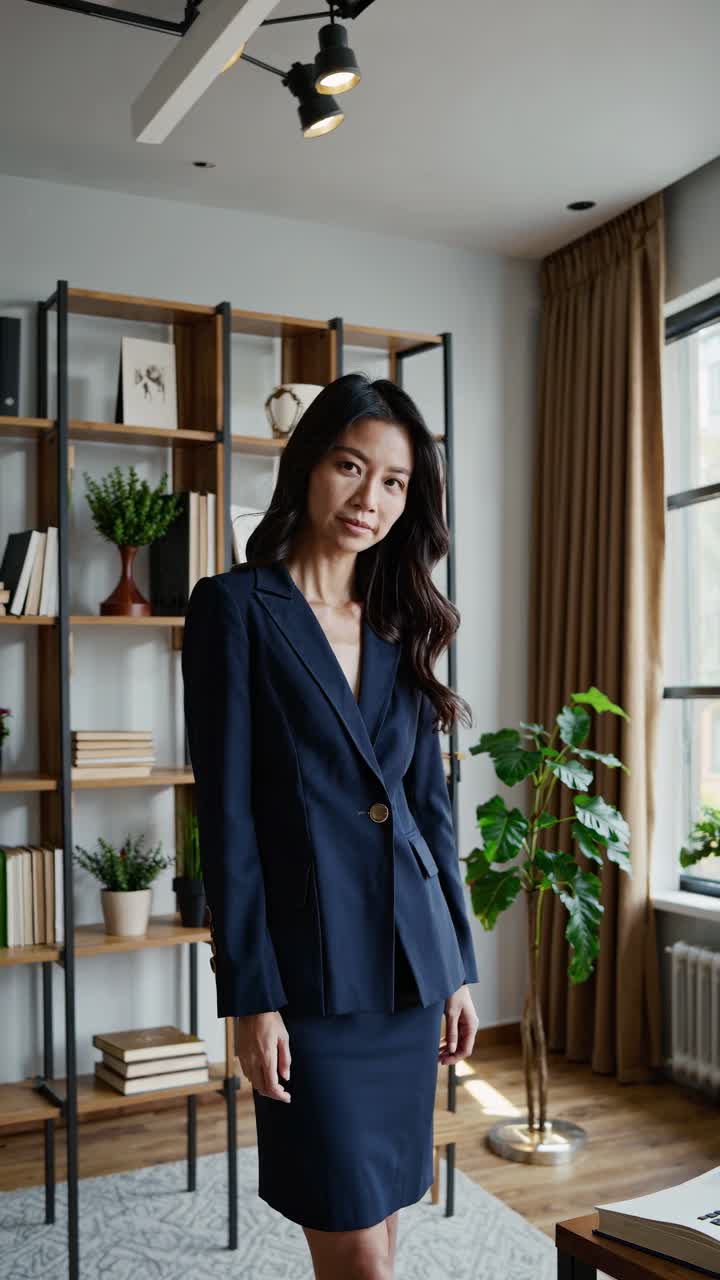 Confident professional businesswoman in tailored navy blue suit standing within sleek modern office, embodying leadership and success with elegant poise