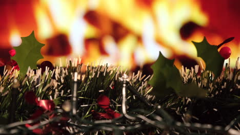 lights and christmas garland in front of fireplace