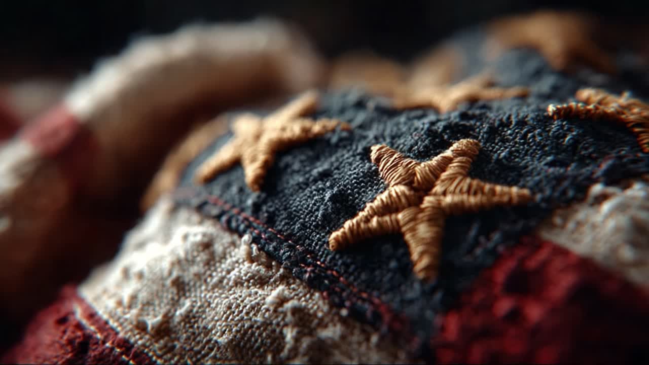 Close-Up of Intricately Embroidered Textile Featuring Stars and Stripes, Showcasing Detailed Craftsmanship and Rich Color Palette