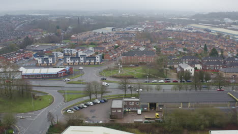Aerial-views-of-traffic,-commuters-on-the-A53-dual-carriageway-that-leads-to-Etruria-road-in-Hanley-and-Newcastle-Under-Lyme,-Stoke-on-Trent