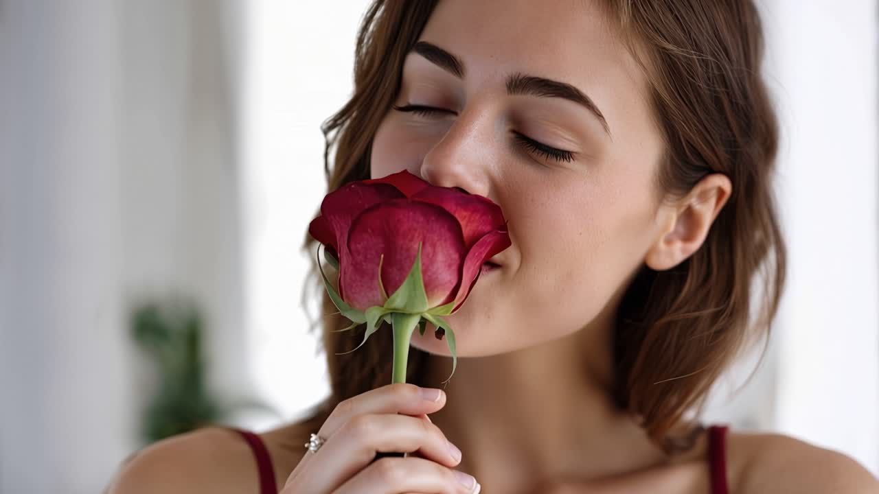 Giovane donna sorride dolcemente, tenendo una rosa rossa. Chiude gli occhi, inalando delicatamente il suo profumo. La sua gioia irradia, calore e affetto nella sua espressione. Ideale per momenti romantici, intimi o teneri.