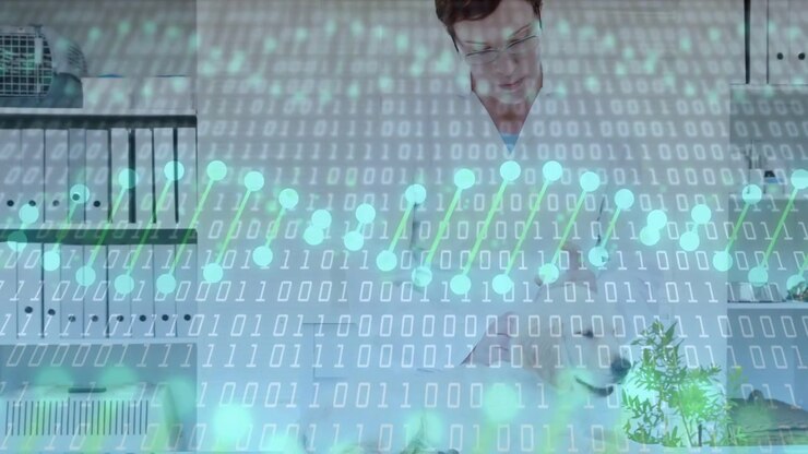 Lab researcher reaching samples, inspecting and noting results, binary DNA overlay sweeping bench