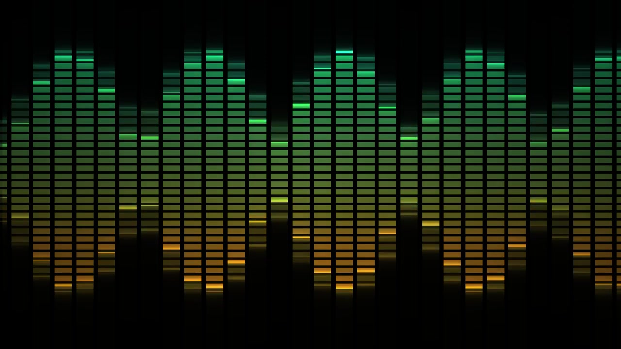 Abstract Digital Audio Equalizer with Pulsing Green and Yellow Bars