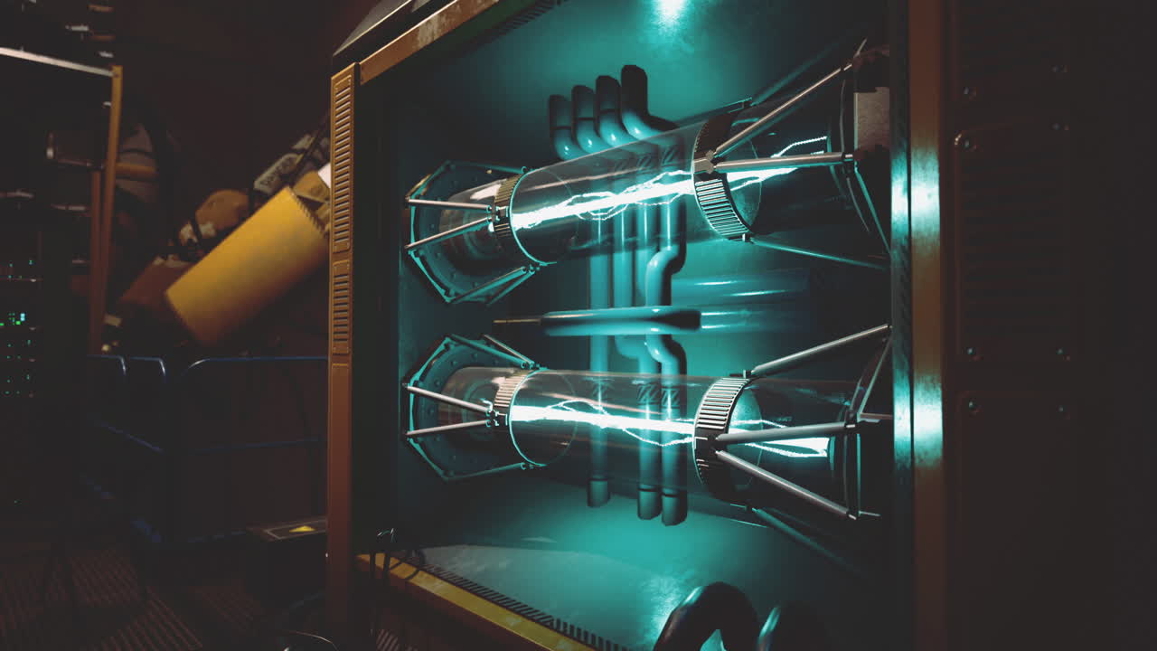 Unique lighting design features glowing tubes inside a metal cabinet