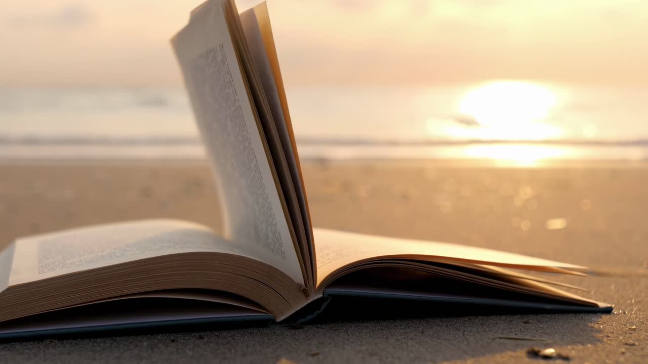 Libro aperto su spiaggia sabbiosa al tramonto, scatto dal basso. Ideale per un video di lettura rilassante, desktop live