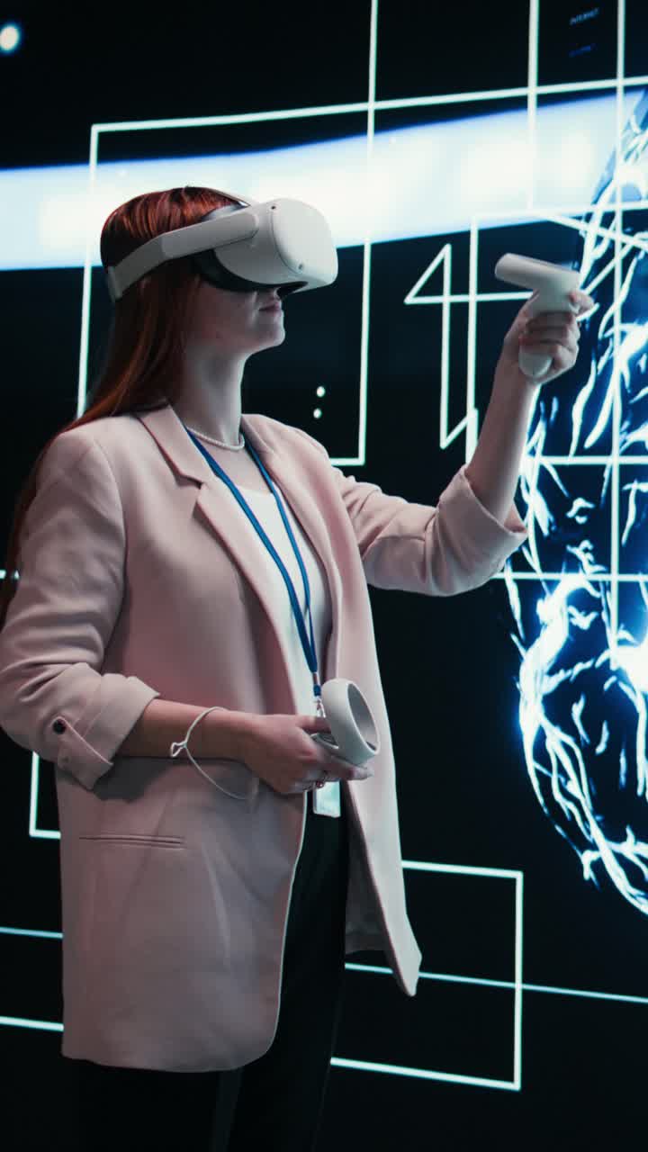 Vertical video Admin wearing VR headset gear reports to AI brain displayed on digital dashboard