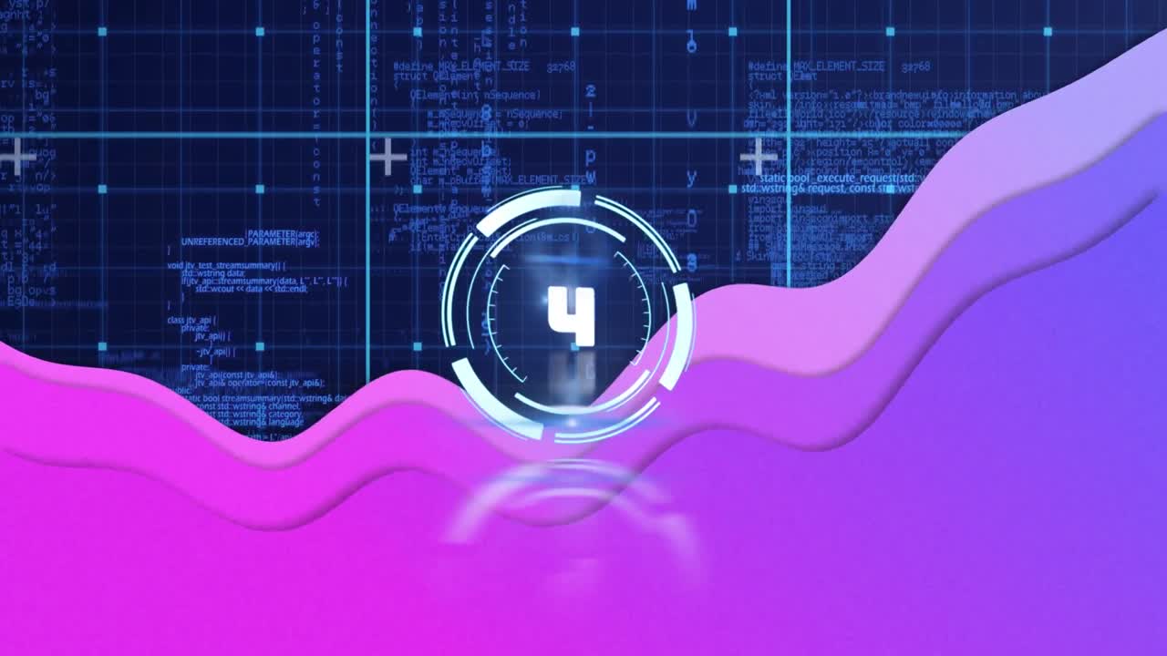 Animation of scope scanning over purple shapes and data processing on blue background