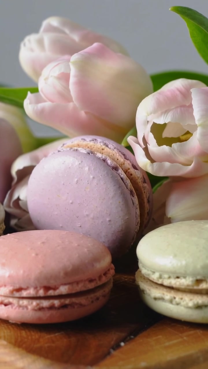 Vertical video: Moving camera focusing pastel macarons and tulips on board for framing