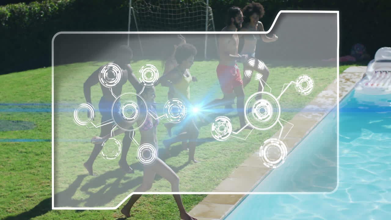 Jumping into pool, people with digital network animation overlay in background