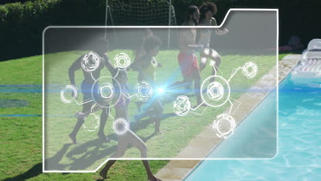 jumping into pool, people with digital network animation overlay in background
