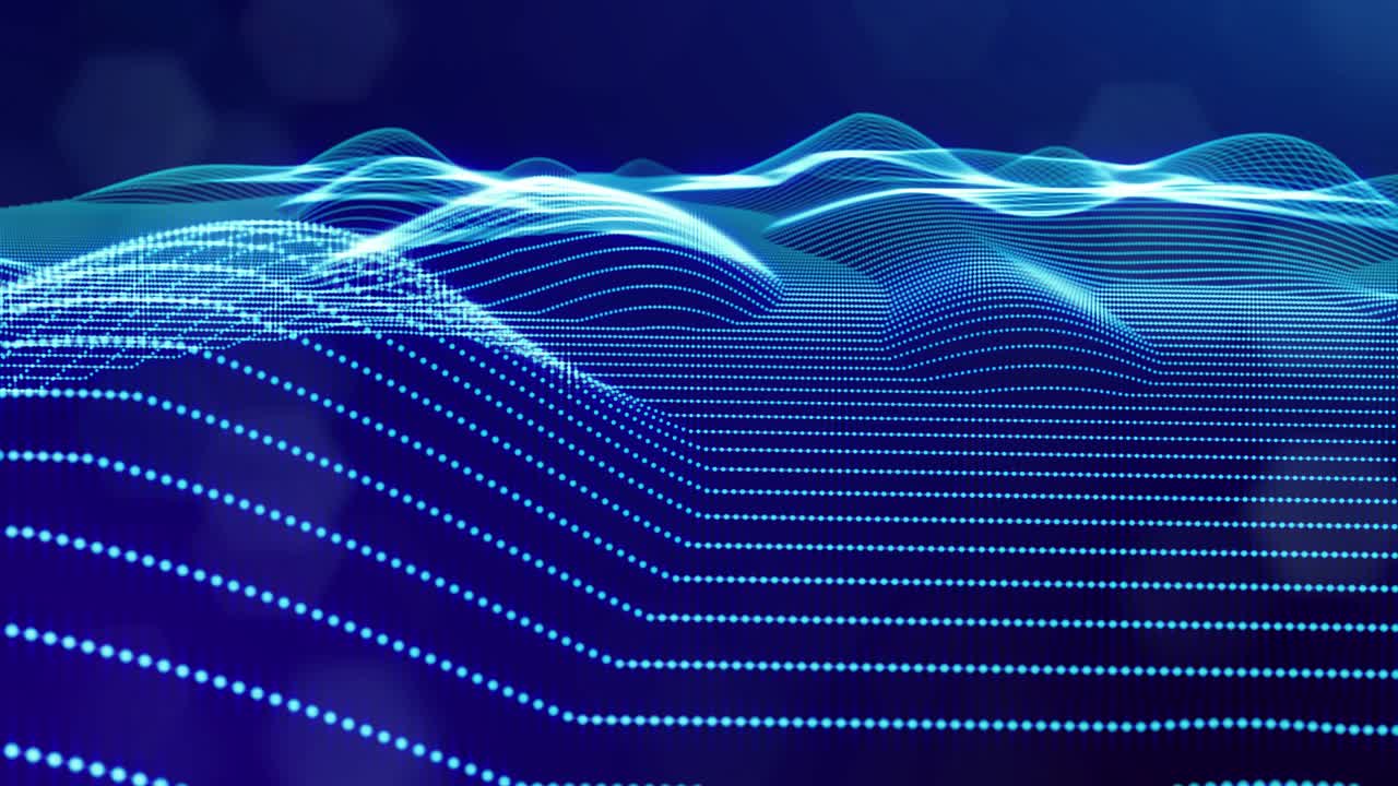 blue high tech bg with glow particles form complex structure. 3d looped sci-fi bg digital space, particles form lines and surface waves. Concept of hi-tech information flow, blockchain. DOF