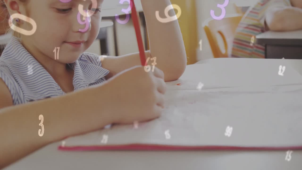 animación de números cambiantes y símbolos múltiples, chica caucásica escribiendo en un libro