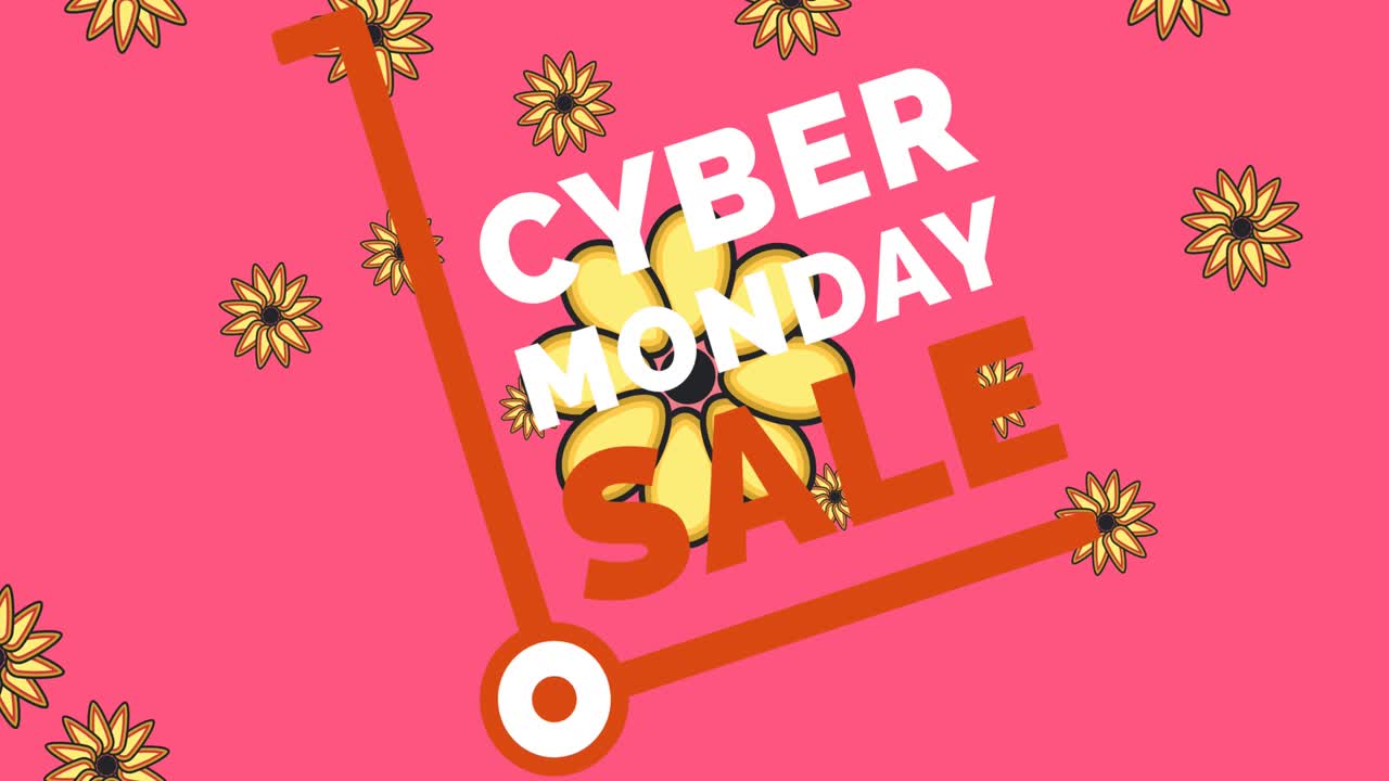 사이버 월요일 판매 텍스트의 애니메이션 꽃이 최면 운동으로 움직입니다.