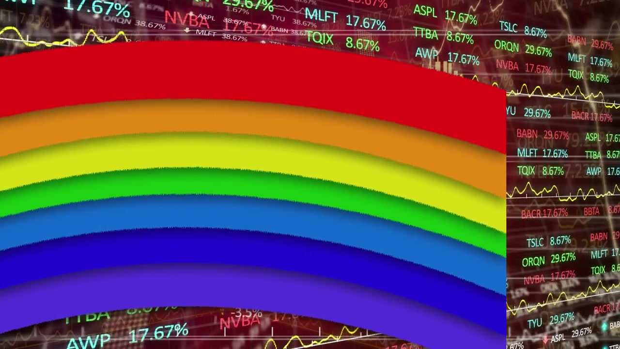 Arco-íris em camadas permanecendo centralizado enquanto o feed do mercado atualiza ao fundo, mostrando dados de mercado ao vivo.