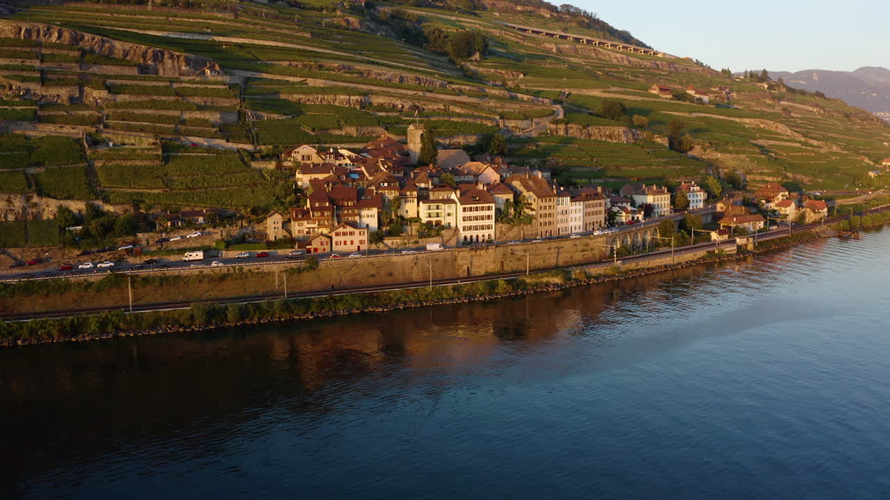 Beautiful Saint-Saphorin Village in Lavaux Vineyards Switzerland - aerial shot