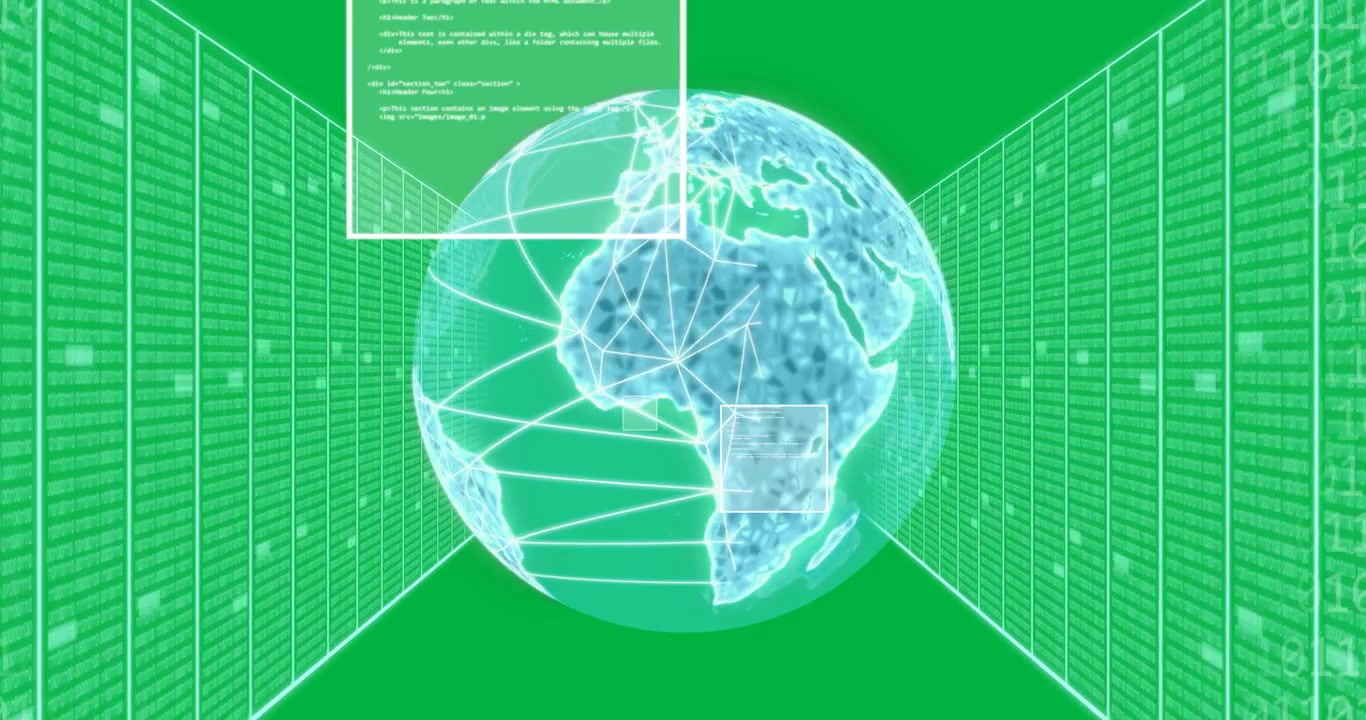 Animation of computer data processing and globe on transparent background