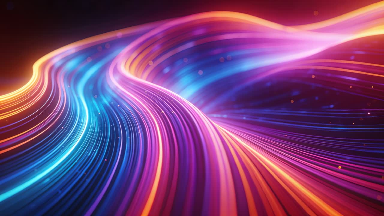 Moving banded ribbons flowing forward as camera panning through dark ...