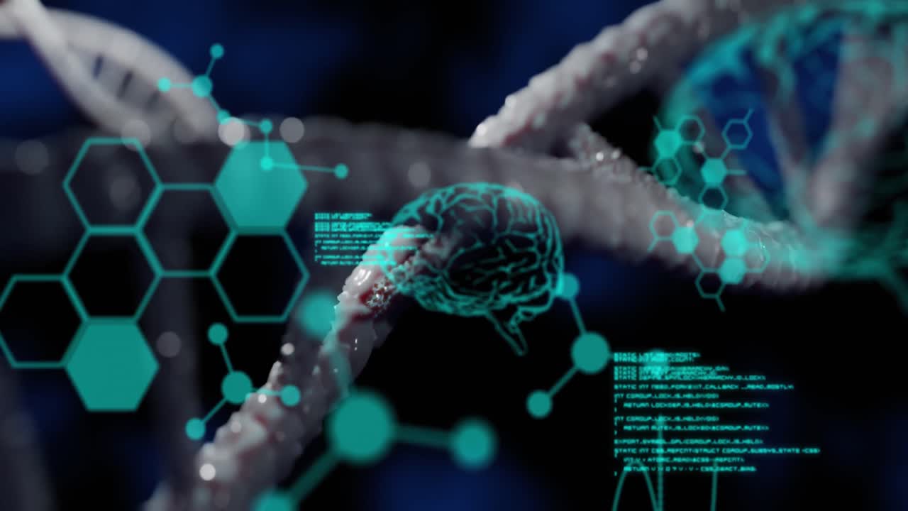 Animazione di DNA rotante su dati scientifici su sfondo nero.