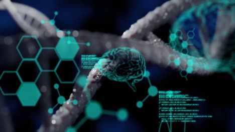 animación de adn rotando sobre datos científicos en fondo negro