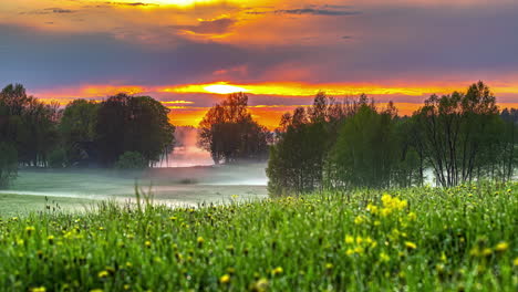 twilight over the bright misty landscape - time lapse