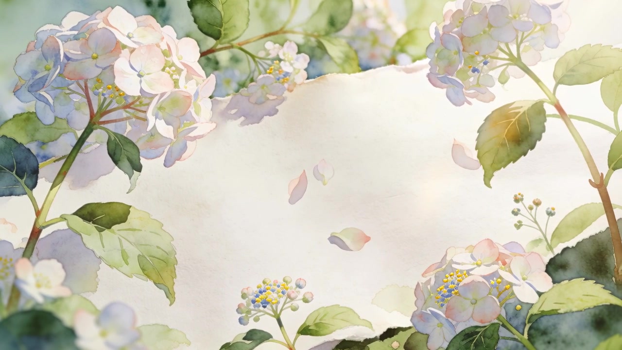 Drifting pale petals falling across central torn parchment at garden vignette, driven by breeze
