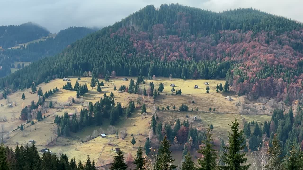 Mountains With Vibrant Autumn Foliage Near Amfiteatru Transilvania In Brasov County, Romania. Wide Shot